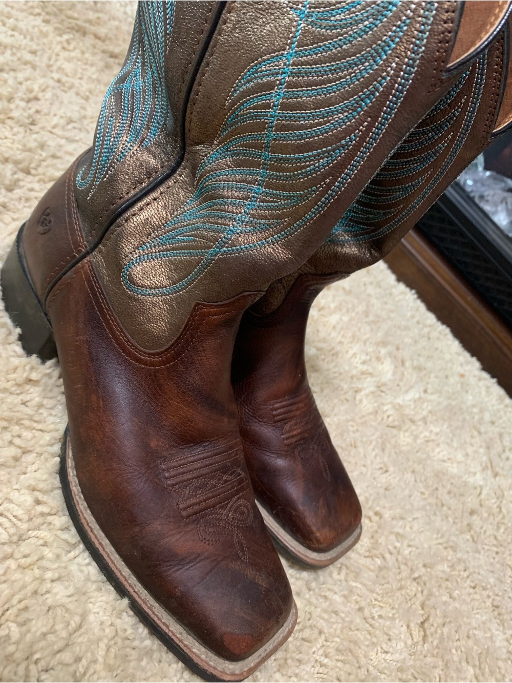 Ariat Brown Leather Western Boots with Turquoise Stitching - Picture 2 of 7